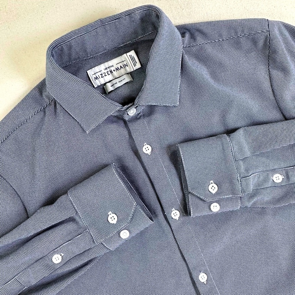 Mizzen+Main Leeward Trim Fit Dress Shirt Blue White Houndstooth Mens Medium